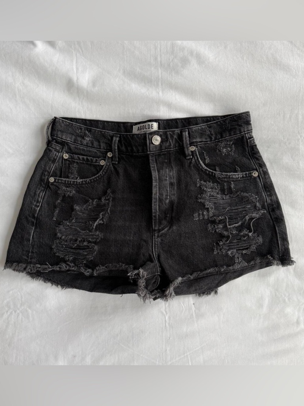 Agolde Black Distressed High-Rise Denim Shorts